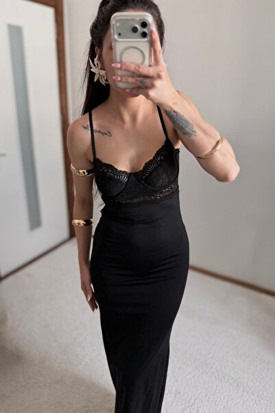 MoyStore Black Modern Dress with Lace Holder