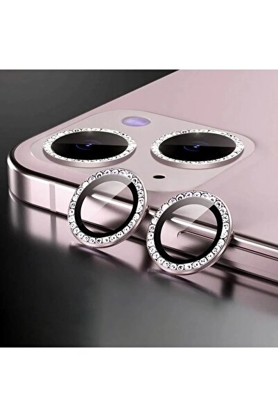 MELIFLIO iPhone 13-13 Mini Uyumlu Taşlı Kamera Lens Koruyucu Tamperli Cam-Pembe