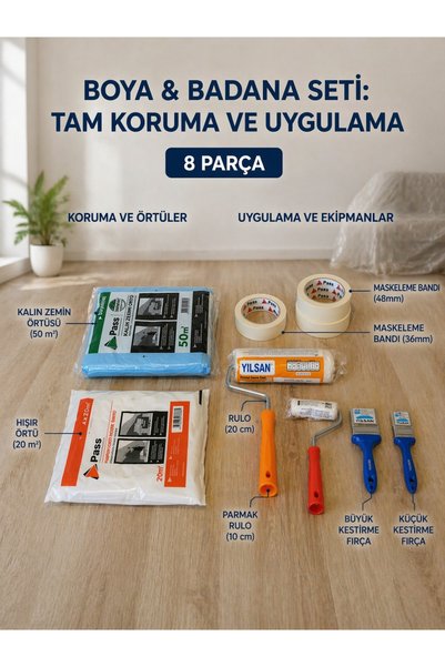 A-plast 8 Parça Boya Badana Seti Tam Koruma – Rulo Fırça Maskeleme Bandı Zemin Örtüsü