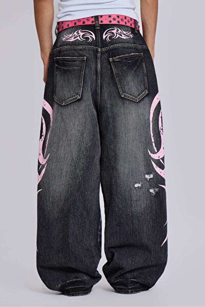 Köstebek Pantaloni largi unisex Harajuku Y2K cu imprimeu tribal roz grunge și detaliu negru șlefuit