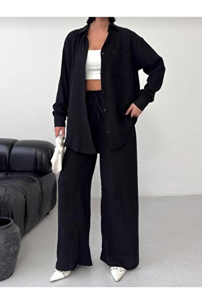 LAVRE Γυναικείο Σετ Παντελόνι και Πουκάμισο από Ύφασμα Μουσελίνας Oversize, Μ...