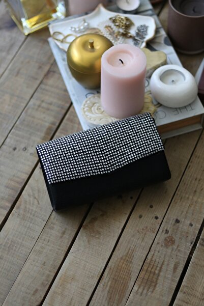 Moom Bag Γυναικεία Μαύρη Ασημί Μίνι Τσάντα Ώμου με Πέτρες από Πραγματικό Κρύσ...