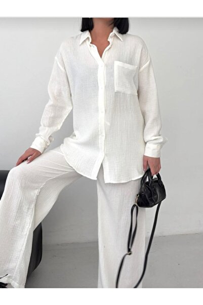 LAVRE Γυναικείο Σετ Παντελόνι και Πουκάμισο από Ύφασμα Μουσελίνας Oversize, Μ...