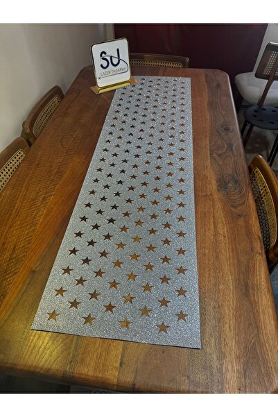 EHA LAZER Ασημί Glitter Star Detailed Işıl Işıl Runner Τραπεζομάντιλο