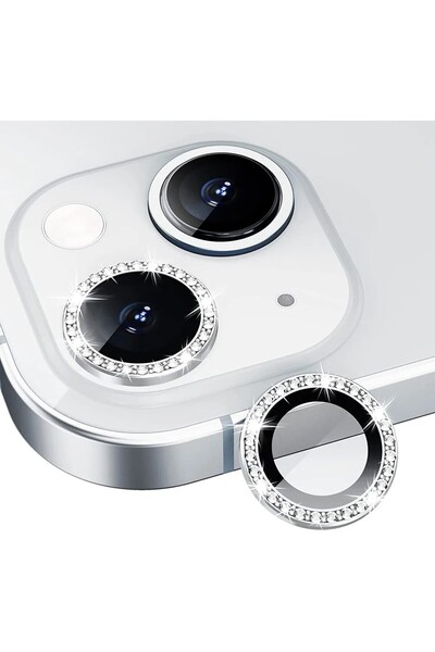 MELIFLIO iPhone 13-13 Mini Uyumlu Taşlı Kamera Lens Koruyucu Tamperli Cam-Silver
