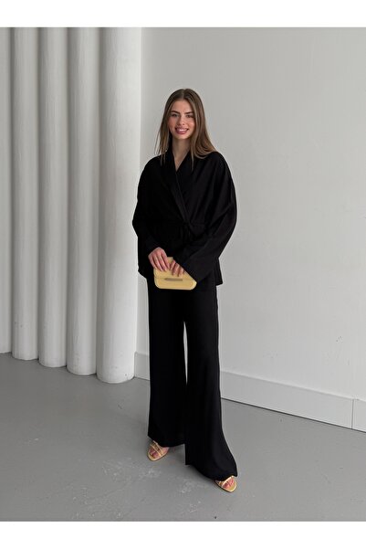 Melvien Premium Keten Kimono Takım Siyah