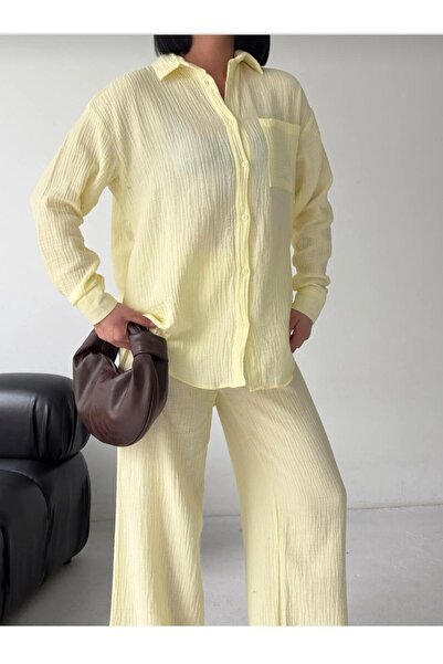 LAVRE Γυναικείο Σετ Παντελόνι και Πουκάμισο από Ύφασμα Μουσελίνας Oversize, Μ...