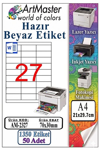 Artmaster ملصقات بيضاء جاهزة مقاس A4 70x30 مم 50 ورقة 1 حزمة تحتوي على 27 ورق...