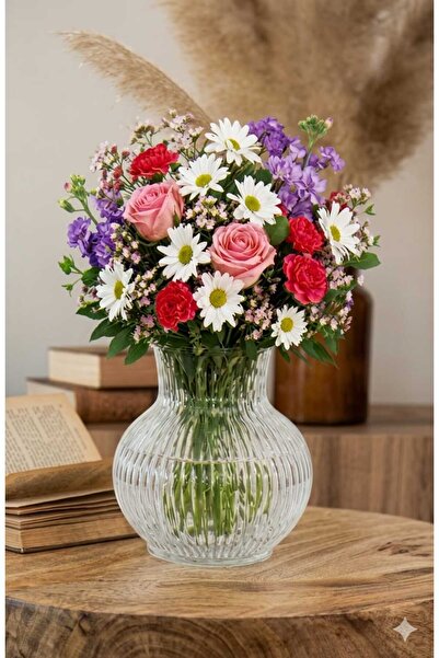 Funny Life Ριγέ Γυάλινο Βάζο - Μοντέρνο Διακοσμητικό Βάζο Λουλουδιών (13 εκ.)