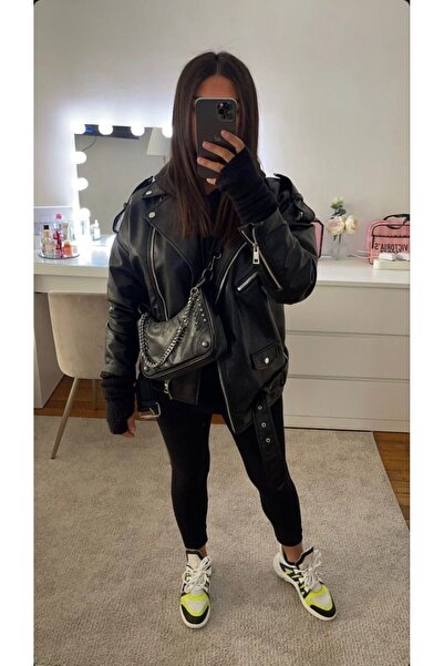 Ekim Store Δερμάτινο μάξι μπουφάν Boyfriend με ζώνη