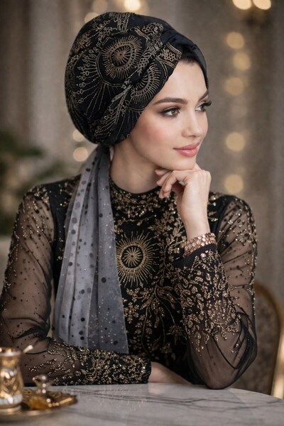 Aişe tesettür Γκρι μαύρο κορδόνι τυλιγμένο καπό