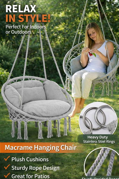 verk group Μποέμ κρεμαστή κούνια με μαξιλάρι, πολυθρόνα με κρόσσια, γκρι 80x6...