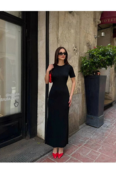 By Kuzey Aras Women's Ribbed Short-Sleeved Summer Knit Dress