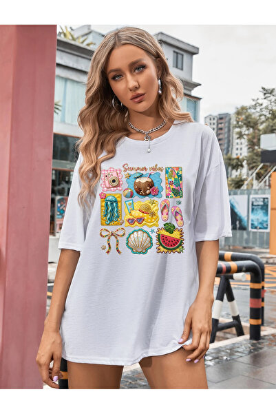 SUNFREE Patch Looking Summer Printed Oversize Crew Neck Short Sleeve White Ts...