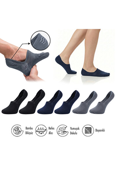Pure Bamboo Women's Flat Socks Black-Navy Blue-Smoked Seamless Invisible Anti-Slip Heel Silicone Premium 6-Pack Softaura