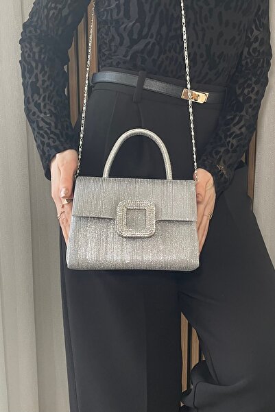 Fibag Women's Silver Shiny Evening Dress Bag - Chain Strap Hand and Shoulder Bag