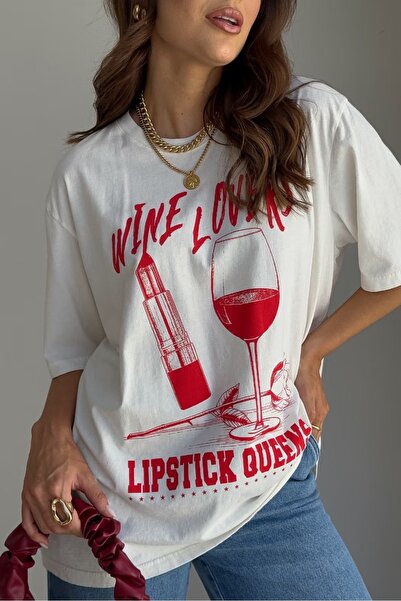 Vordevia Wine Lipstick Quenns Printed Cotton Oversize T-Shirt
