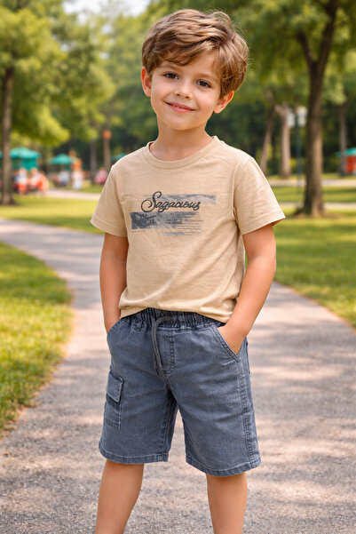 Yalçınoğlu Kids Σετ τζιν σορτς για αγόρια, Μπλουζάκι από χτενισμένο βαμβάκι, ...