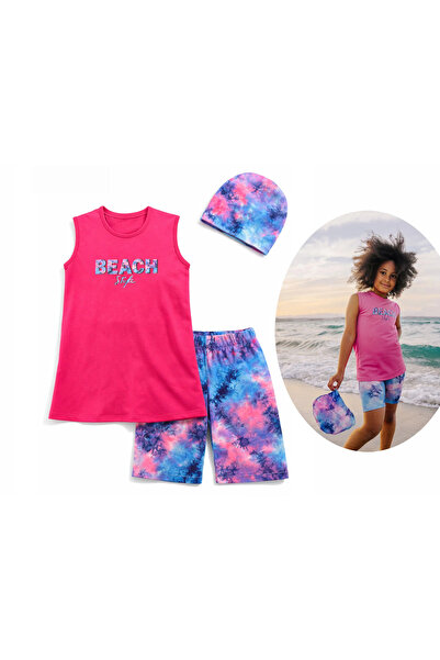 Bilge Trend Beach Baskılı Boneli Üçlü Kolsuz Kapalı Mayo Takım