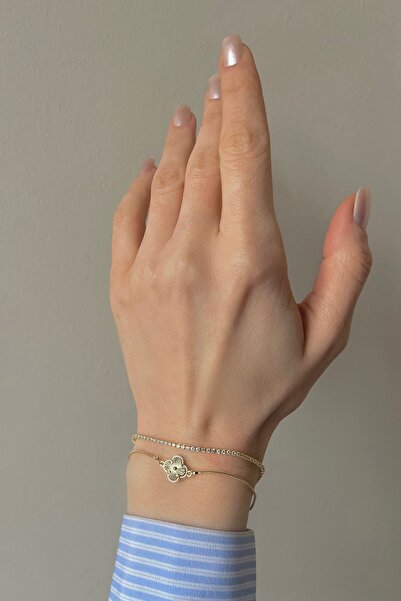 Bijou Luz Gold Yonca Model Su Yolu Çift Zincir Bileklik