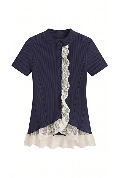 LUUNA STORE Dark Blue Lace-Detail Short Sleeve Knitted Cardigan