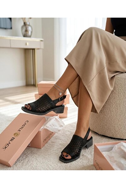 Castle Black Μαύρα άνετα ορθοπεδικά γυναικεία σανδάλια από γνήσιο δέρμα