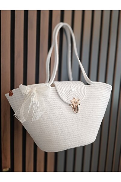 Ahs Tasarım Εξαιρετική χειροποίητη ψάθινη τσάντα με κορδέλα και λεπτομέρειες
