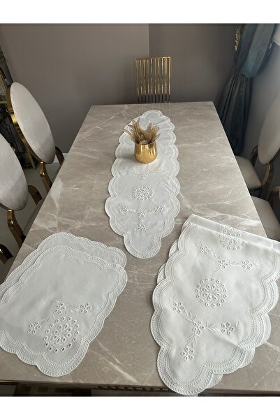 Annalisa Λευκό Κεντητό Σετ Σαλονιού 5 Τεμαχίων από Λινό Γαλλική Δαντέλα χωρίς...