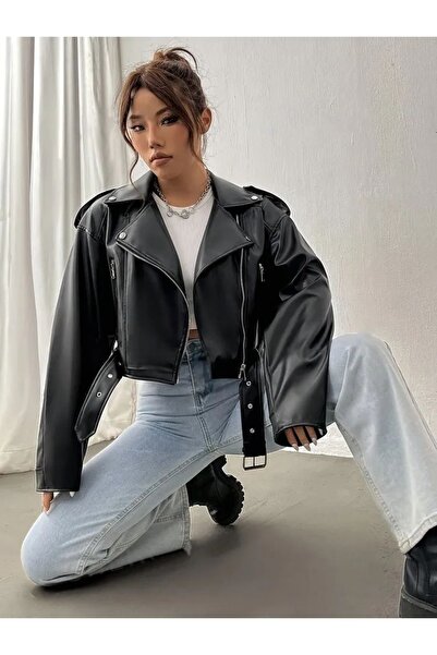 Ekim Store Μαύρο δερμάτινο μπουφάν με ζώνη