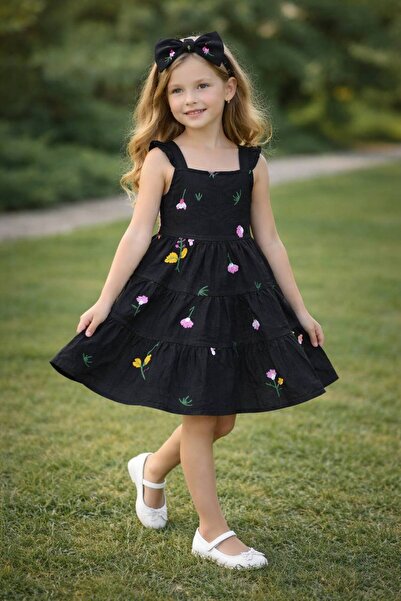 Yalçınoğlu Kids Σετ φορέματος για κορίτσια από λινό ύφασμα 2 τεμαχίων με πόρπ...