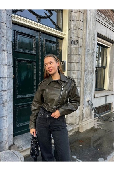 Ekim Store Χακί Δερμάτινο Μπουφάν Oversize με Ζώνη