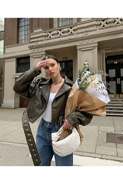 Ekim Store Δερμάτινο μπουφάν Oversize Crop με ζώνη