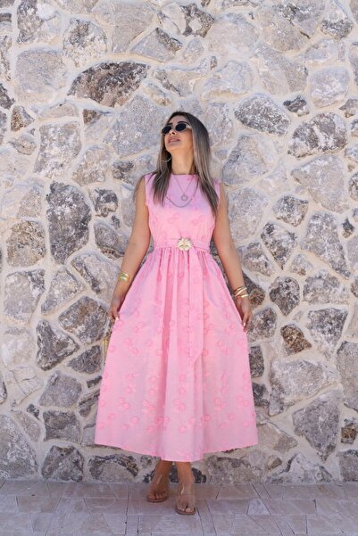 bytugcekaya Ροζ Τρισδιάστατο Φλοράλ Φόρεμα