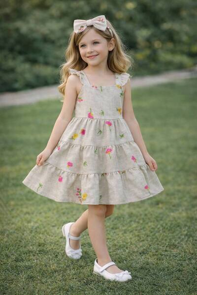 Yalçınoğlu Kids Σετ φορέματος για κορίτσια από λινό ύφασμα 2 τεμαχίων με πόρπ...