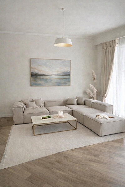 Haliloğlu Relax Soft 5 Modül Köşe Takımı (Krem) Keten 20, (2 Köşe, 2 Orta, 1 ...