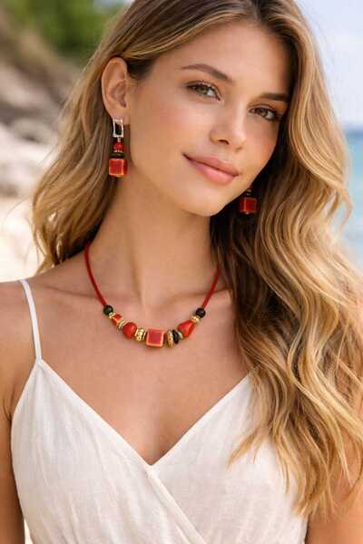 cleopatra takı aksesuar Red Aura Handmade Ceramic Beads Women's Necklace Earr...