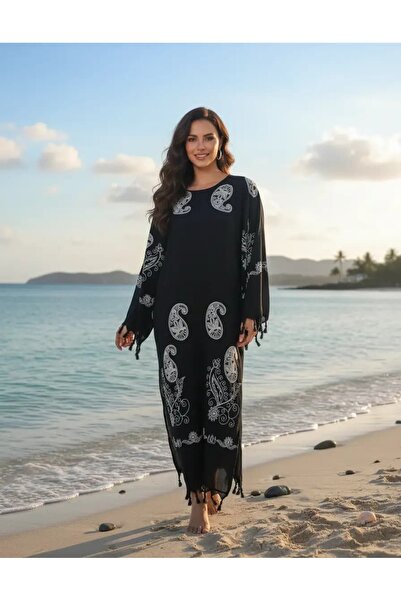 ELİTE NOVA SHOPPİNG Black and White Cotton Fabric Colorful Stone Printed Long...
