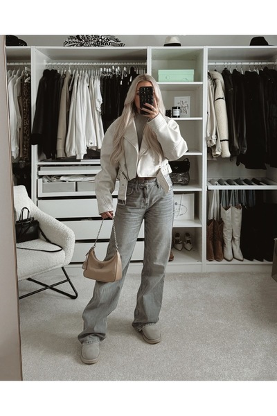 Ekim Store Δερμάτινο μπουφάν σε χρώμα κρεμ με ζώνη, oversized και κοντό σχέδιο