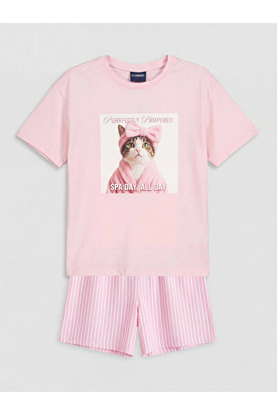 LC Waikiki LCW Kids Pembe Baskılı Kız Çocuk Şortlu Pijama Takımı
