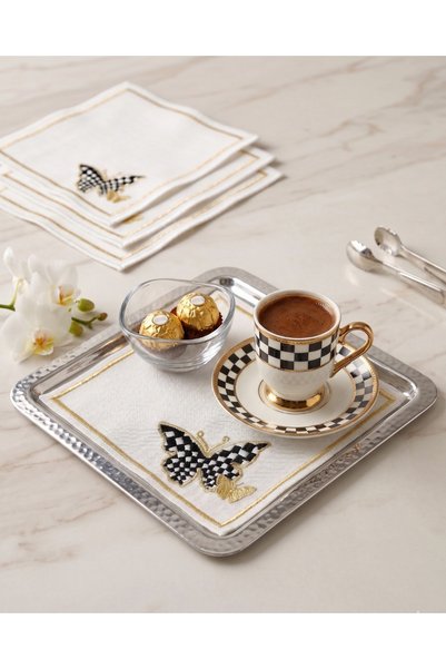 Lotus Dükkan Elegant Embroidered Fabric Coasters - Minimalist Presentation Napkins - Set of 6 - Checkerboard Pattern