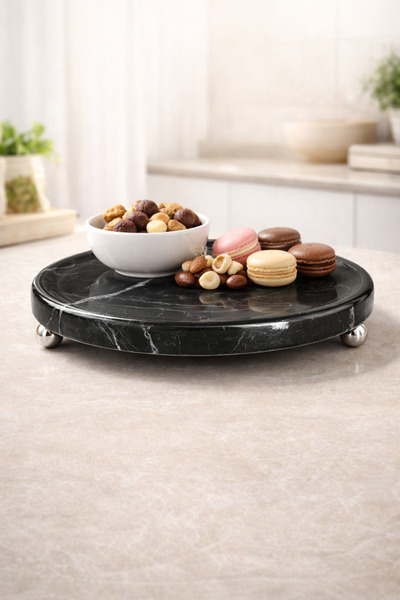 zekmar home stone Black Natural Stone Metal Ball Footed Presentation Plate