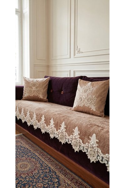 DAHABELLA LUXE HOME Luxury Seersucker Velvet French Laced Sofa Cover (Living Area Only) Non-Slip Base 85X210