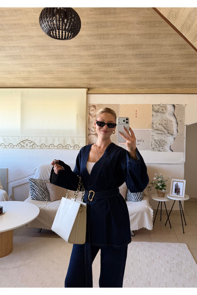 ensade Σετ τζιν με αγκράφα Γυναικείο τζιν μπουφάν και παντελόνι με ζώνη Σετ 2...