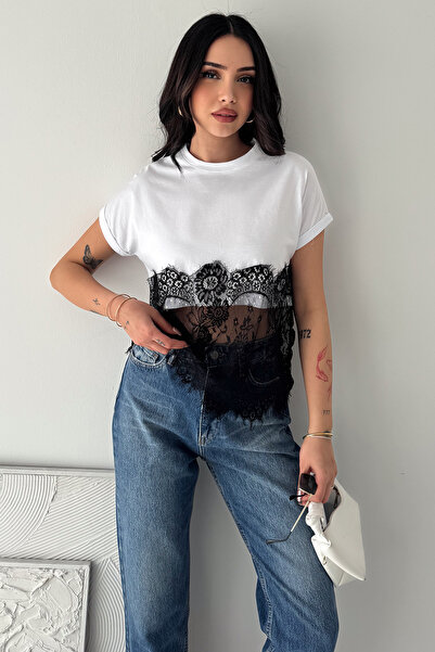 Noa&Noa Women's Lace Detailed T-Shirt – Short Sleeve Stylish Basic