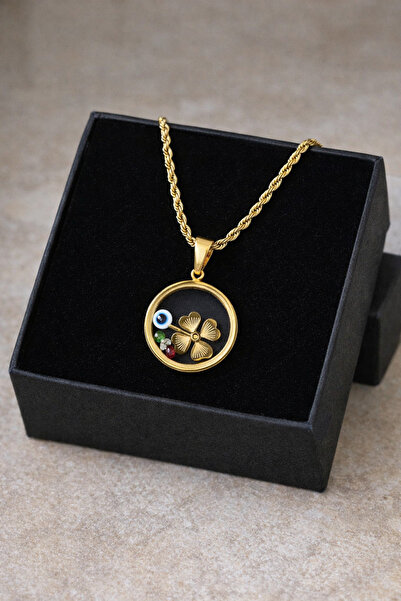 nss sky rock 50 cm Steel Bell Pendant Clover Detailed Gold Color Rope Chain W...