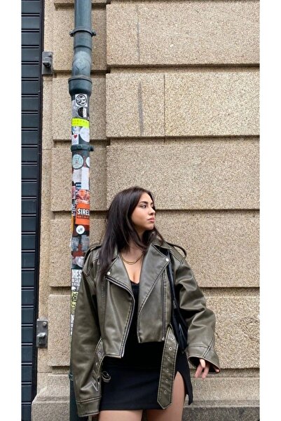 Ekim Store Πράσινο δερμάτινο μπουφάν με ζώνη, oversized και κοντό σχέδιο