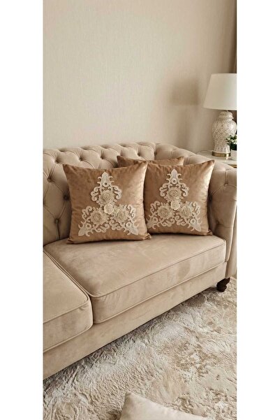 DAHABELLA LUXE HOME Lüks Fransız Güpürlü Kadife Kırlent Kılıfı 2'li Set - Dek...