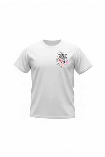 URBANTRENDSTORE Unisex Floral Tiger Pattern Λευκό καλοκαιρινό μπλουζάκι Overs...