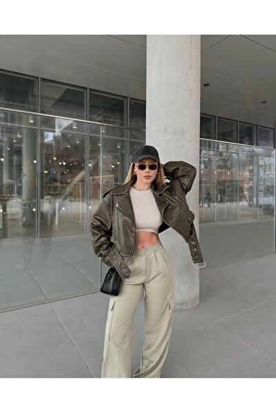 Ekim Store Δερμάτινο πράσινο μπουφάν με ζώνη σε oversized στυλ