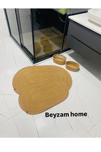 SHLM TEKSTİL Jüt Banyo Paspas Seti, Klozet Paspası, 4lü Banyo Seti Doğal, 2 P...